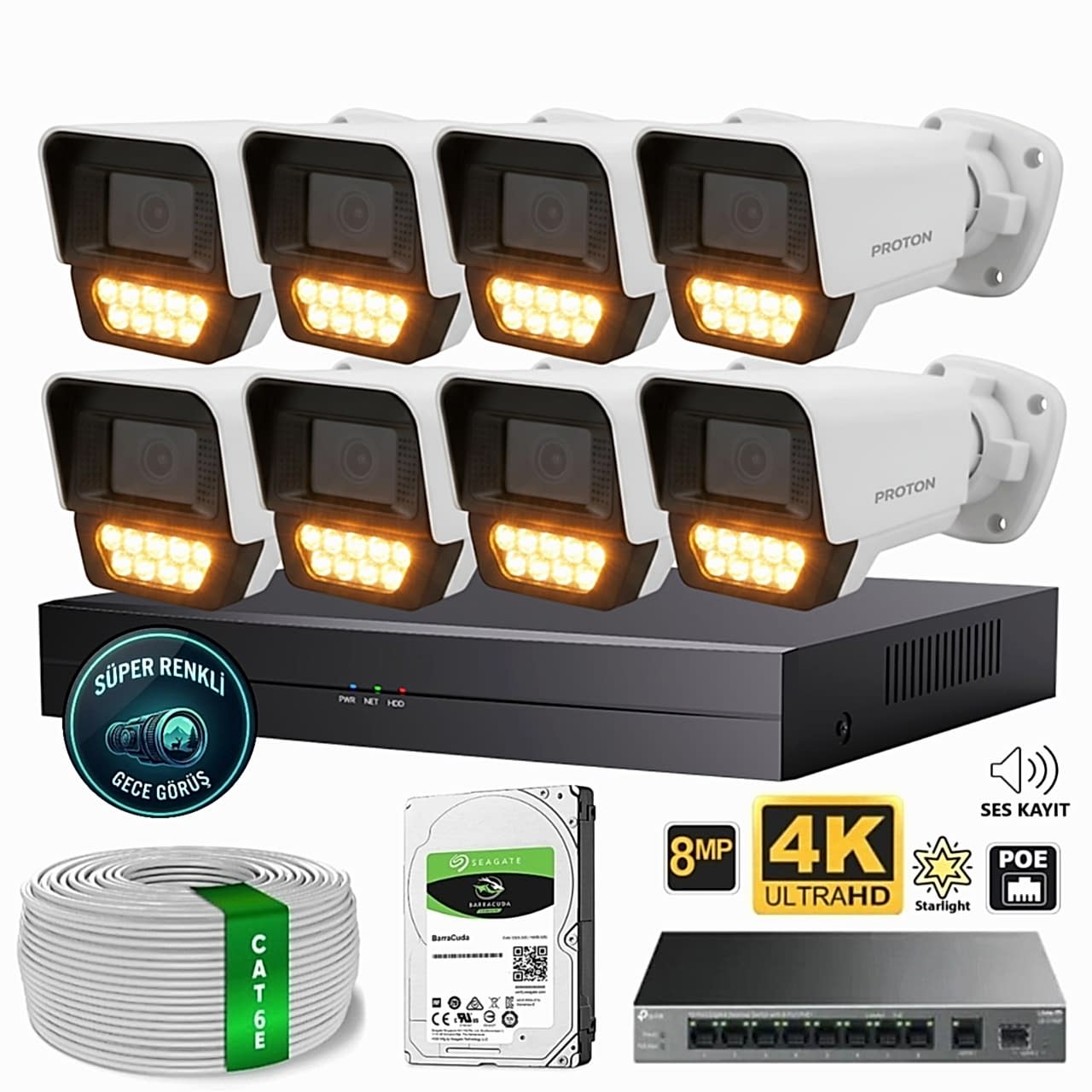 Proton 8 Kameralı Mikrofonlu Sesli 4K POE IP Kamera Seti Proton 8 Kameralı Mikrofonlu Sesli 4K POE IP Kamera Seti