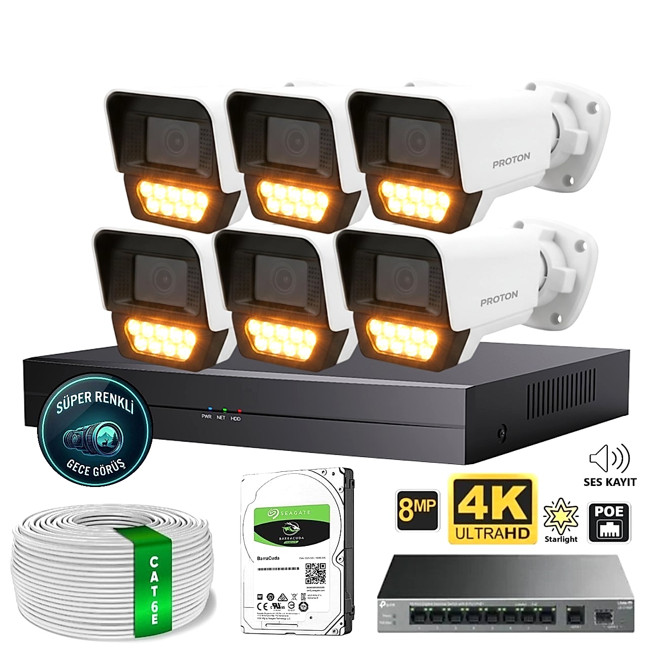 Proton 6 Kameralı Mikrofonlu Sesli 4K POE IP Kamera Seti Proton 6 Kameralı Mikrofonlu Sesli 4K POE IP Kamera Seti